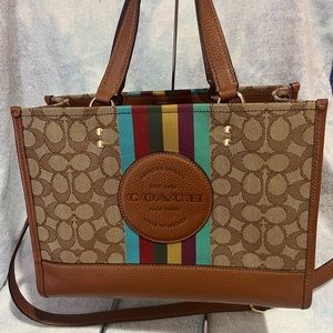 Coach Dempsey Tote Patch Rainbow Stripe Brown